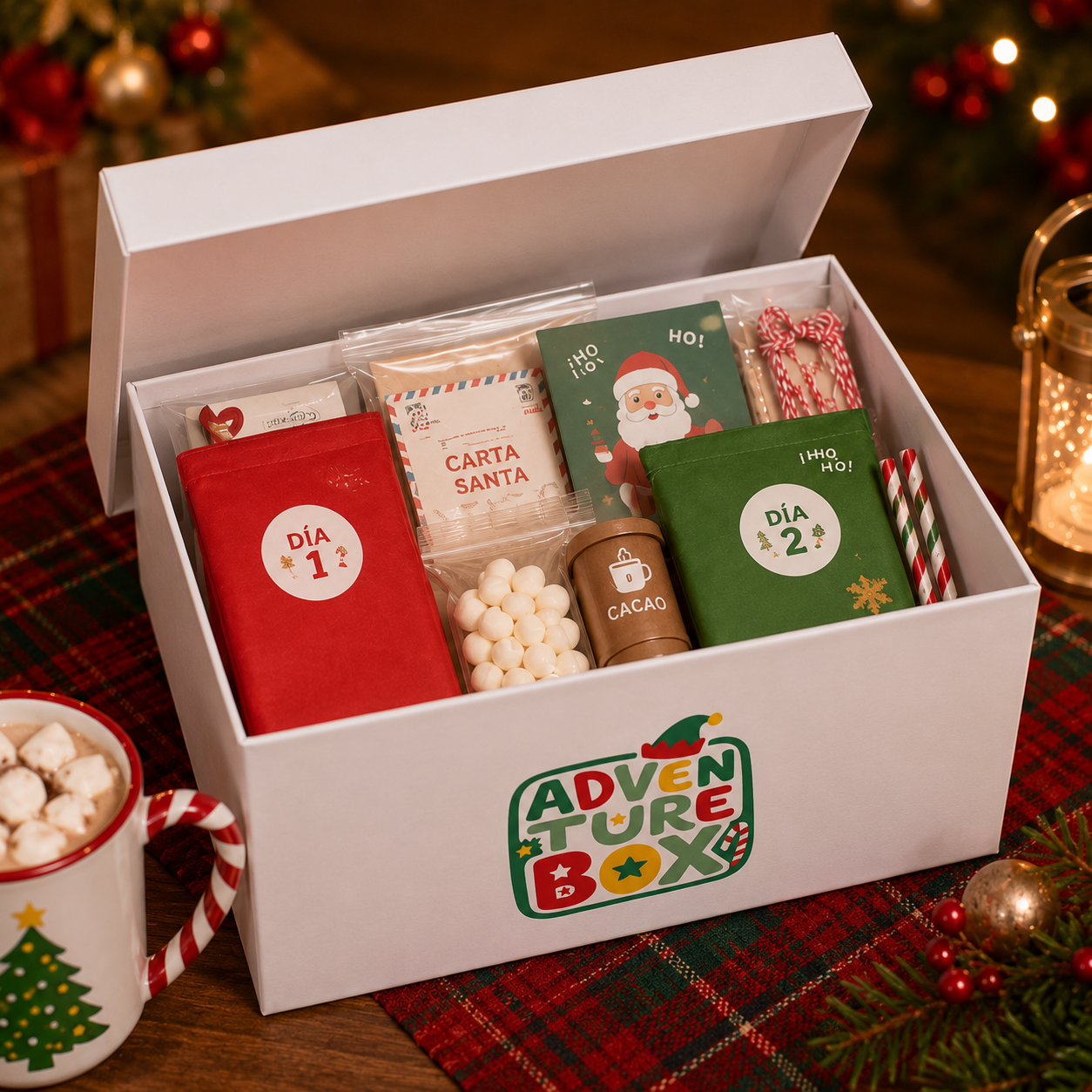 Interior de Adventure Box con bolsas Día 1 y Día 2, cartas para Santa y sorpresas