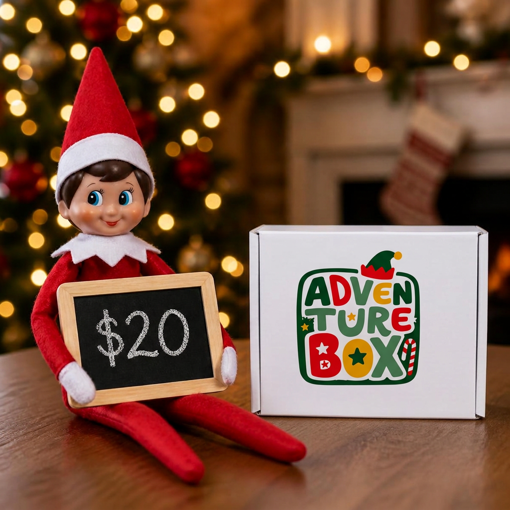 Elf on the Shelf sosteniendo un cartel de US$20 junto a la caja Adventure Box